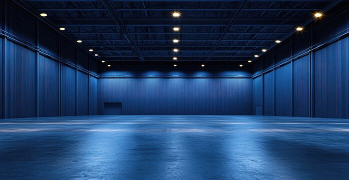 Vast, empty industrial space; dark blue walls and floor reflect sparse ceiling lights, creating a cool, shadowy atmosphere
