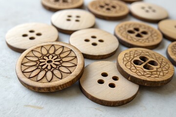Obraz premium Many wooden buttons are lying on a surface, some have patterns etched on them and all are ready to be sewn onto cloth.