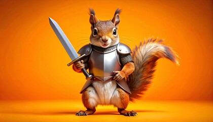 A digitally rendered image of a squirrel dressed in medieval knight's armor, holding a sword against a solid orange background