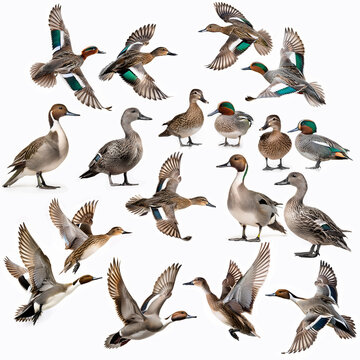 Gecollection, canard pilet, sarcelle d'hiver, gibier, chasse,   oiseau, en vol, nature, faune, animal, sauvage, bec, brun, oiseau,  aviaire, ailes, gazon, blanc, , nerated image