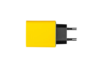 adapter for charger with USB and Type C connector, yellow, on isolated or white background close-up