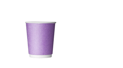 cardboard glass of purple color, for coffee or tea on an isolated white background close up