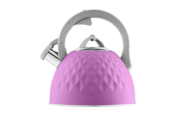 kettle with whistle, matte Pink color, with rhombus texture on isolated and white background close-up