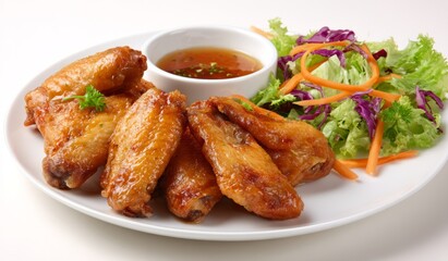 Fototapeta premium Crispy fried chicken wings served with a side salad and dipping sauce.
