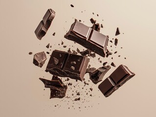 Broken chocolate bar pieces, background with copy space