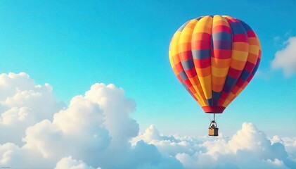 Obraz premium A whimsical hot air balloon floats serenely against a vibrant azure sky, puffy clouds drifting lazily below Perfect for travel, adventure, freedom, and escapism imagery , serenity, journey