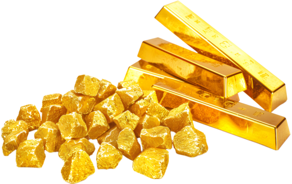 A collection of gold nuggets in various shapes, symbolizing natural wealth, mining, and financial value.