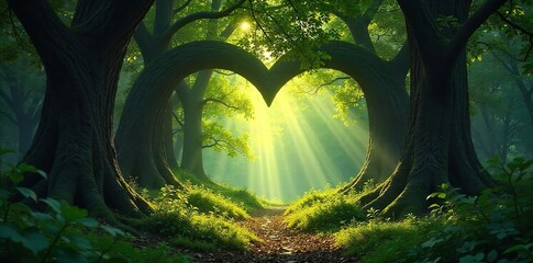 Fototapeta premium A mystical heart-shaped forest clearing bathed in sunlight, surrounded by ancient trees and lush foliage Perfect for fantasy, fairytale, or nature themes , earth, fantasy, hidden