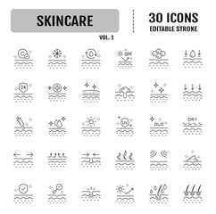 Skin care line icons set. Moisture cream, acid, anti wrinkle serum, ceramide, collagen, retinol compound, sunscreen. Editable stroke. Vector illustration