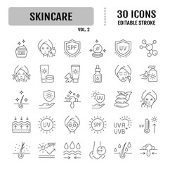 Skin care line icons set. Moisture cream, acid, anti wrinkle serum, ceramide, collagen, retinol compound, sunscreen. Editable stroke. Vector illustration