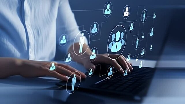 Person Using Laptop With Social Network Diagram And White Shirt On Bright Background Featuring Connection Communication