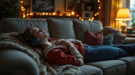 Obraz premium The image shows a woman laying on a couch with headphones on