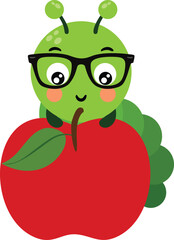 Cute Green Caterpillar Wearing Glasses on a Red Apple