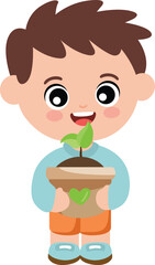 Happy Boy Holding a Small Green Plant
