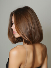 Fototapeta premium back view of a woman with a fresh haircut, smooth layered hairstyle, clean even lines