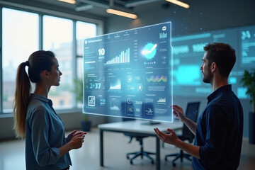 Business Team Collaborating with Interactive Digital Analytics Interface in Office