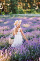 girl in a hat stands in a field of lavender and looks at the sunset. She's wearing a white dress. View from the back