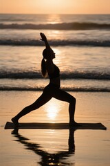 arafed woman in a yoga pose on a beach at sunset