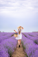 A girl in a white dress walks with a basket in a lavender field. She has a wicker hat and a basket of flowers.