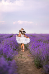 girl in a white dress runs through a field of lavender. Hair develops beautifully, view from the back, Provence