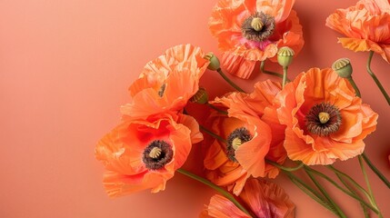 Top view of vibrant orange poppies arranged on a soft coral table featuring soft patterned lines, adding depth and interest to the floral arrangement.