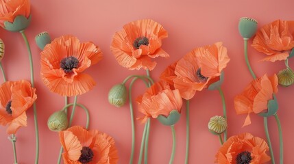 Top view of vibrant orange poppies arranged on a soft coral table featuring soft patterned lines, adding depth and interest to the floral arrangement.