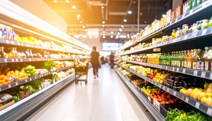 A softly blurred supermarket food section captures the vibrant essence of daily life with shelves full of colorful produce and neatly arranged goods. 