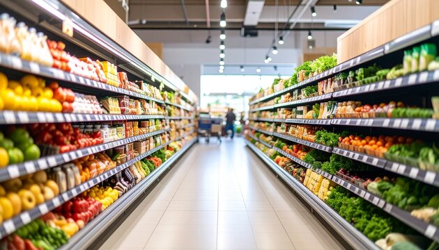 A softly blurred supermarket food section captures the vibrant essence of daily life with shelves full of colorful produce and neatly arranged goods. 