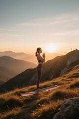 woman standing on a yoga mat in the mountains at sunset