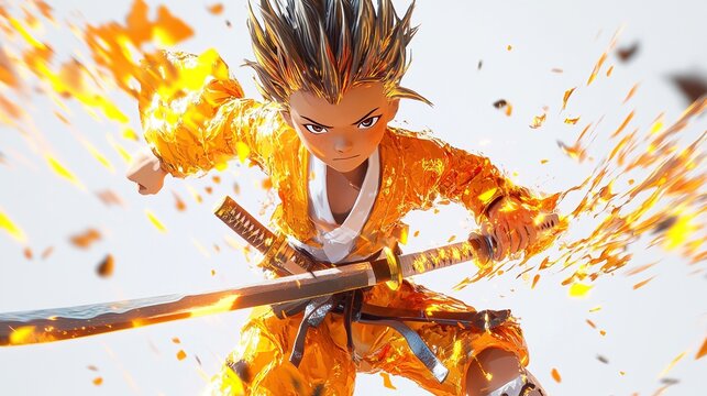 A stylized anime-esque boy, clad in vibrant orange clothing, wields a katana amidst a flurry of fiery orange particles, suggesting intense action and movement