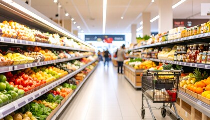 Fototapeta premium A softly blurred supermarket food section captures the vibrant essence of daily life with shelves full of colorful produce and neatly arranged goods. Hints of shoppers, carts, and signage add depth wh
