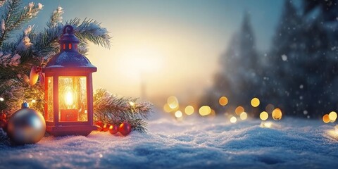 Christmas Lantern Glowing on Snowy Surface with Sparkling Christmas Tree and Blurred Light Spots.