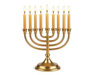 Golden menorah with lit candles on a white background symbolizing Hanukkah celebration