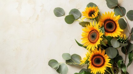 Top view of vibrant Sunflowers and green Eucalyptus leaves on a soft cream background, combining boldness with freshness.
