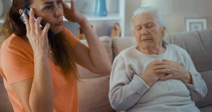 Concerned daughter calls 911 for her 90-year-old mother. Mother experiences dizziness, chest pain in living room. Urgent medical crisis, family distress.