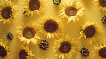 Top view of vibrant sunflowers arranged neatly on a clean, soft yellow table, radiating warmth and natural beauty.