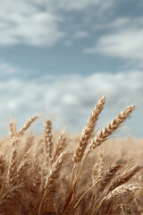 Obraz premium serene wheat field with golden ears swaying gently in breeze under bright cloudy sky