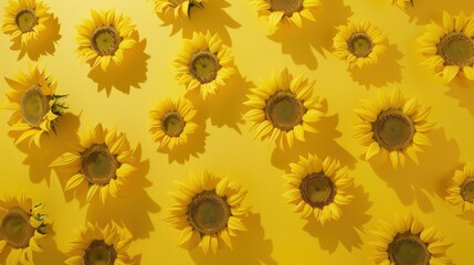 Top view of vibrant sunflowers arranged neatly on a clean, soft yellow table, radiating warmth and natural beauty.