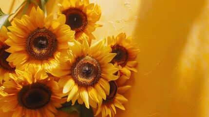 Top view of vibrant sunflowers arranged neatly on a clean, soft yellow table, radiating warmth and natural beauty.