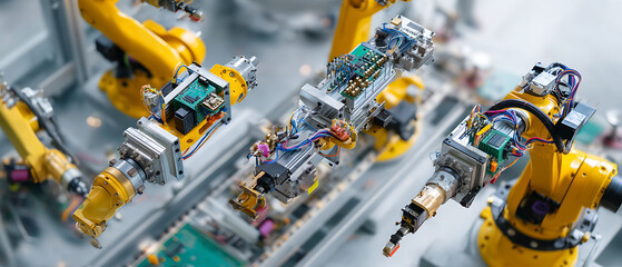 A flat lay image showcasing robotic arms and control panels in a smart technology setting.