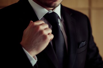 A man in a dark suit and tie adjusting his necktie in preparation