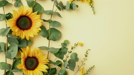 Top view of vibrant Sunflowers and green Eucalyptus leaves on a soft cream background, combining boldness with freshness.
