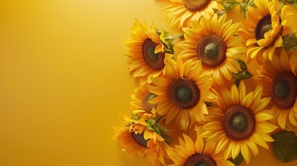 Top view of vibrant sunflowers arranged neatly on a clean, soft yellow table, radiating warmth and natural beauty.