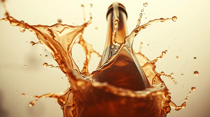 Golden beer bottle with a splash of liquid and sparkling lights.