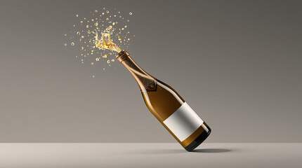 Golden beer bottle with a splash of liquid and sparkling lights.