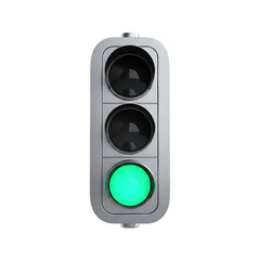 Fototapeta premium Modern Traffic Light Showing Green Light Isolated on Black Background