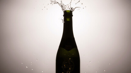 Champagne bottle with a splash of liquid and bubbles in the air.