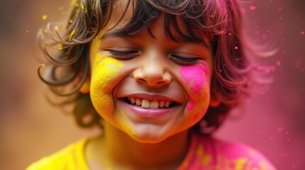 Obraz premium Joyful Child Covered in Holi Colors A Close-Up Portrait