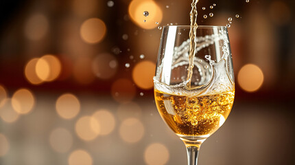Golden champagne poured into glass with bubbles, sparkling and festive.
