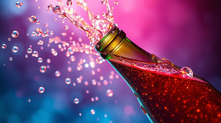 Sparkling champagne pours from bottle, vibrant colors, celebration vibe.
